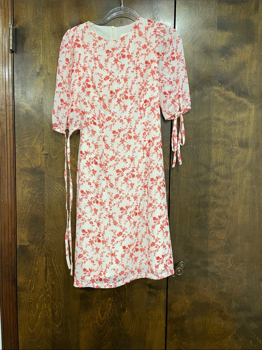 Ivory Dress with Coral Floral Print and Tie Sleeves
